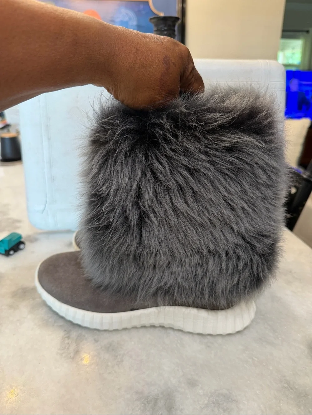 Cozy Women's Kari Gray Faux Fur Winter Boots with White Soles